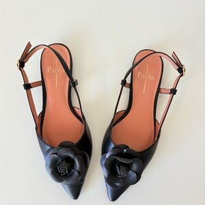 LINEA Paolo Black Slingback Flats with Rosette Ornament - Size 5.5